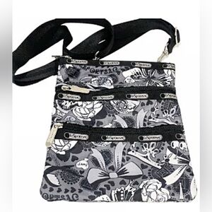 LeSportSac Black White Grey Floral Print Nylon Multi Zip Crossbody Bag